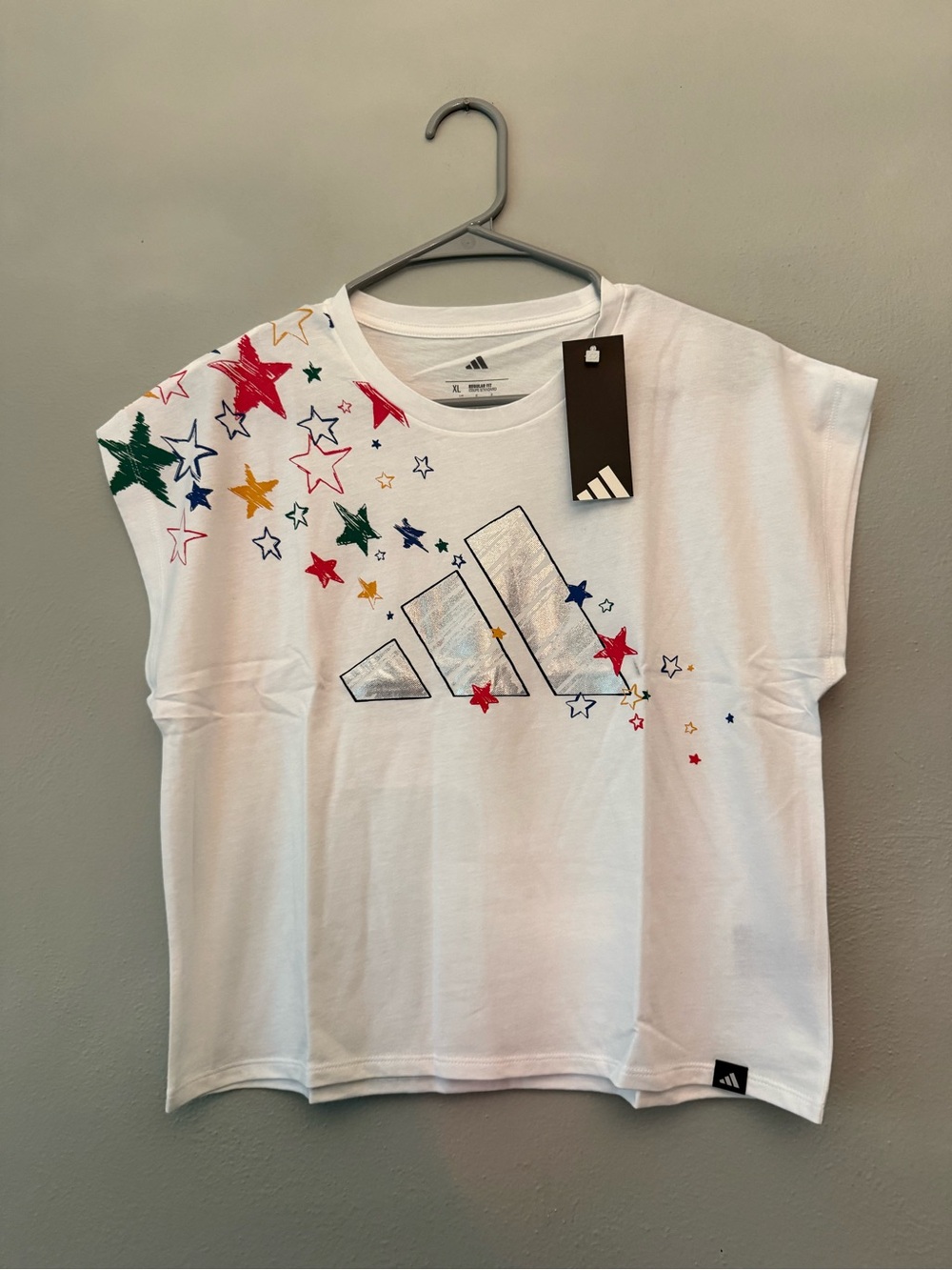adidas White Tee with Multicolor Star Logo